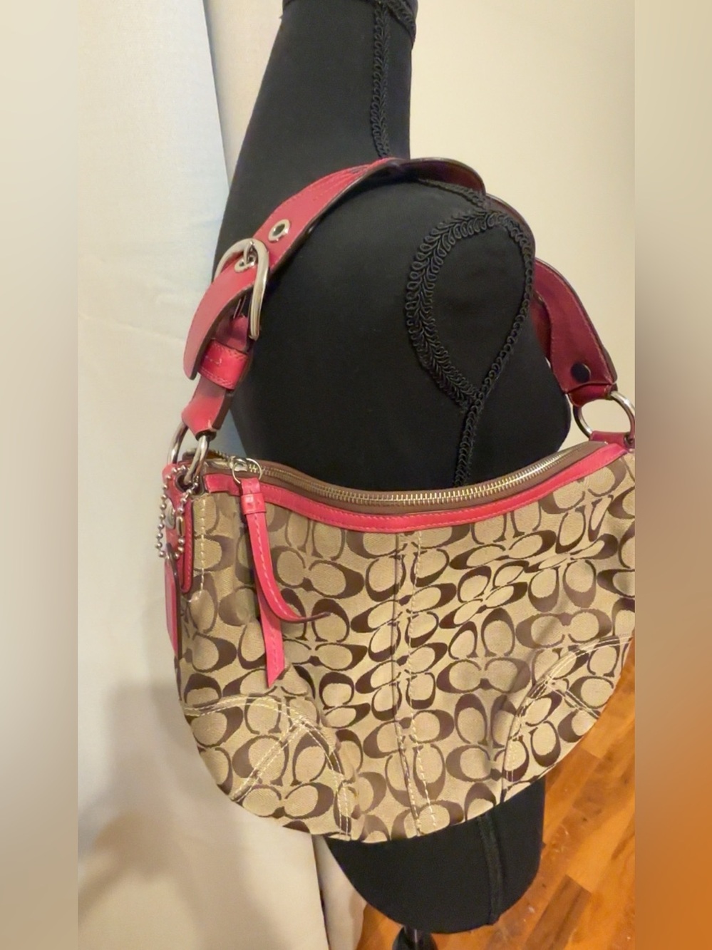 Coach Signature Canvas Shoulder Bag in Pink and Tan